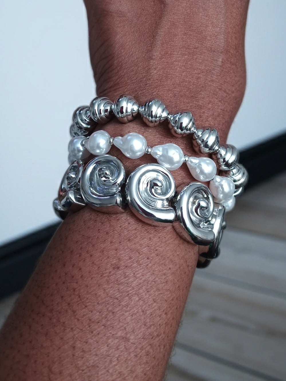 Silver Pearl Accent Spiral Bracelet Set - Women Jewelry